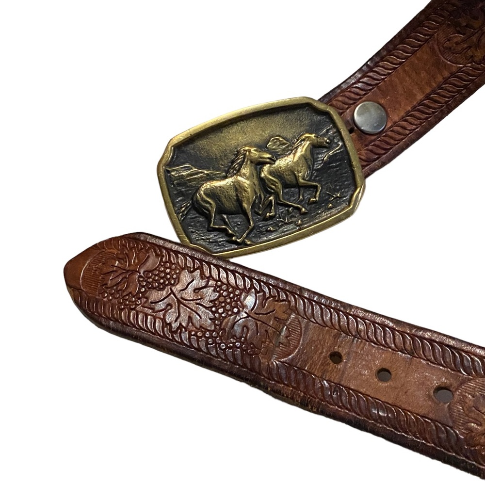 Dark Brown BTS Tooled Leather Western Style Belt with Wild Mustangs Belt Buckle - Picture 3 of 5